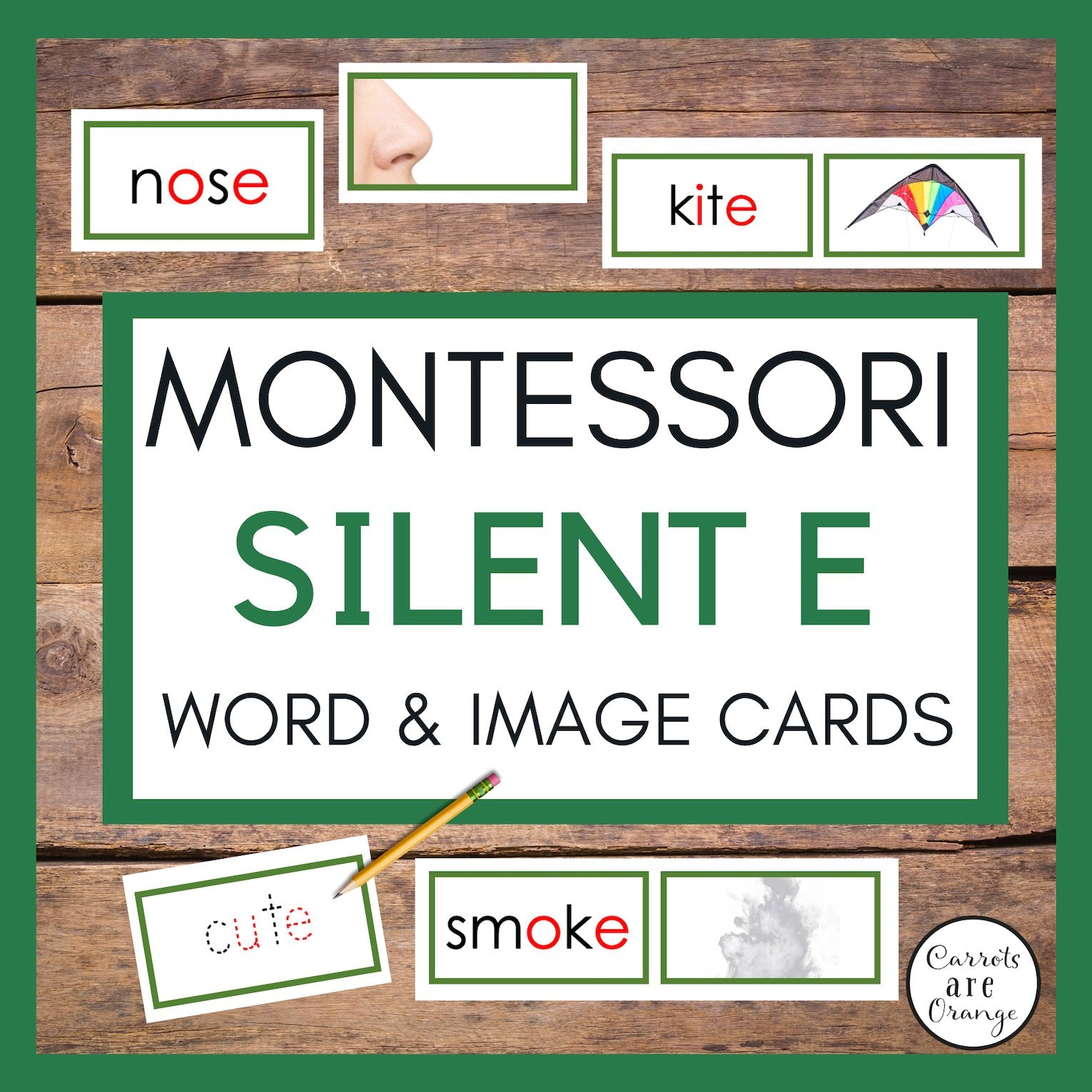 [Green Series] Silent E - Word Label & Image Cards - Printables by Carrots Are Orange